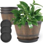 10-inch-Plant-Pots-Indoor-Outdoor, 4 Pack Whiskey Barrel Planters with Drainage ... - Image 2