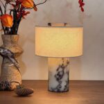 Marble Luxury Stone Rechargeable Touch Table Lamp, Cylindrical Shape, Linen Clot... - Image 3