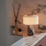 Marble Luxury Stone Rechargeable Touch Table Lamp, Cylindrical Shape, Linen Clot... - Image 5
