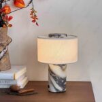 Marble Luxury Stone Rechargeable Touch Table Lamp, Cylindrical Shape, Linen Clot... - Image 6