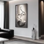 Large Framed Modern Abstract Vertical Wall Art for Living Room, Black Grey Print... - Image 3
