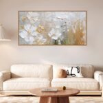 HPNIUB Large White Flower Framed Wall Art Modern White and Gold Floral Canvas Oi... - Image 3