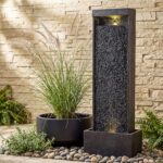 35-Inch Outdoor Water Fountain, Modern Curved Faux Slate Resin Indoor Waterfall ... - Image 3