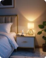 Gold Table Lamp, Small Gold Bedside Lamp with Metal Base & White Linen Lampshade... - Image 4