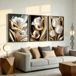 3Pcs Abstract White Gold Floral Wall Art Modern Luxury Minimalism Painting Pictu... - Image 3
