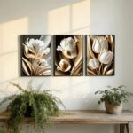 3Pcs Abstract White Gold Floral Wall Art Modern Luxury Minimalism Painting Pictu... - Image 5