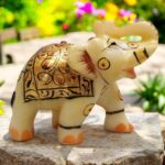 3X3 Inch Marble Elephant Gold Leaf Work Decorative Pooja for Home Office Statue ... - Image 3