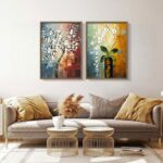 2 Piece Framed Canvas Art Prints Morning Glory Modern Abstract White Flowers Oil... - Image 3