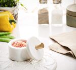 Queenza White Marble Salt Cellar with Lid and Brass Knob, 3 Inch Salt Box - Image 4