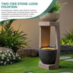 32" Outdoor Fountain, Modern Geometric Two Bowls Water Feature with LED Lights, ... - Image 3