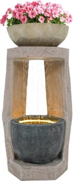 32" Outdoor Fountain, Modern Geometric Two Bowls Water Feature with LED Lights, ... - Image 5