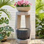 32" Outdoor Fountain, Modern Geometric Two Bowls Water Feature with LED Lights, ... - Image 6
