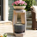 32" Outdoor Fountain, Modern Geometric Two Bowls Water Feature with LED Lights, ... - Image 7