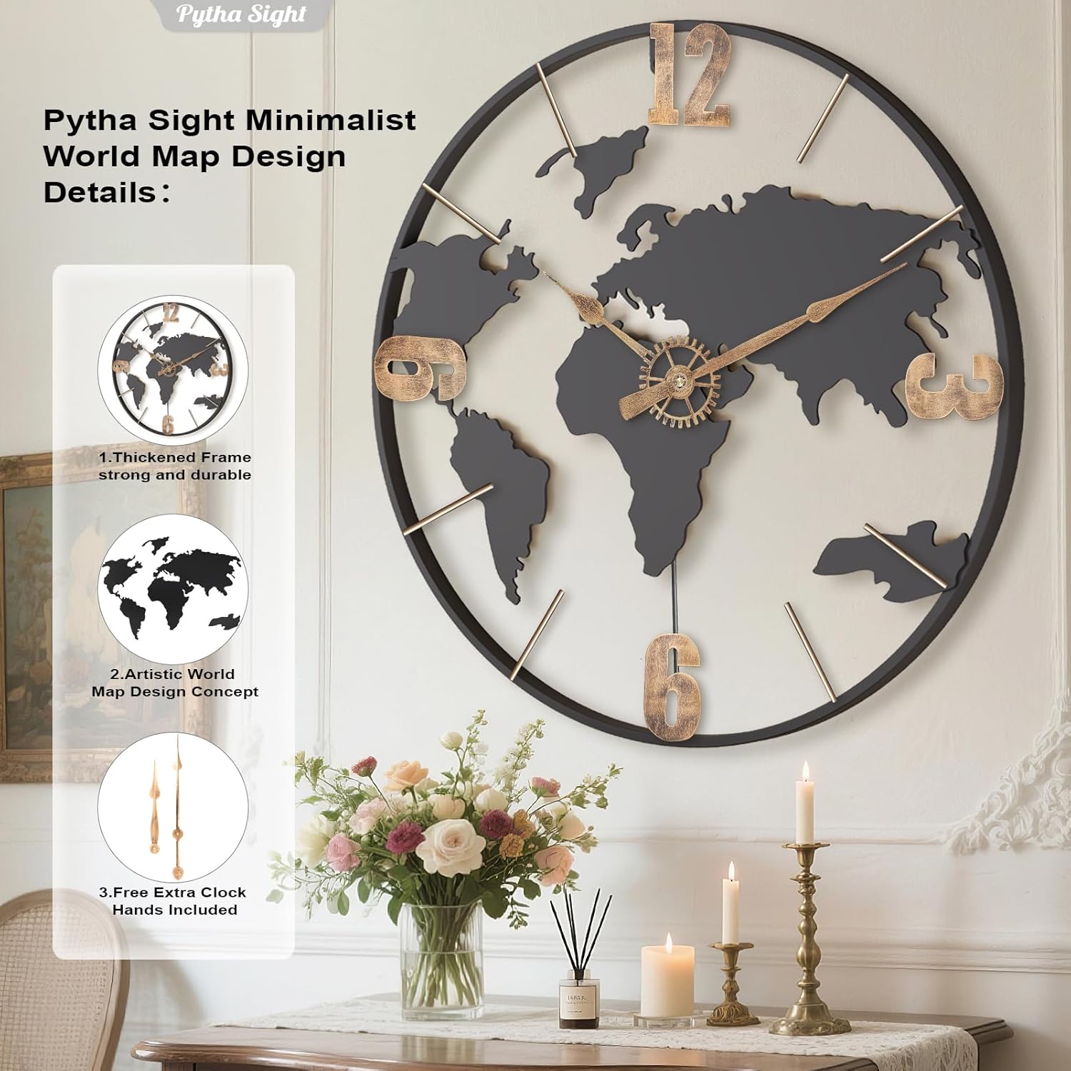 Pytha Sight 24 Inch Large Wall Clock,Modern Decorative Big World Map with Vintag... - Image 3