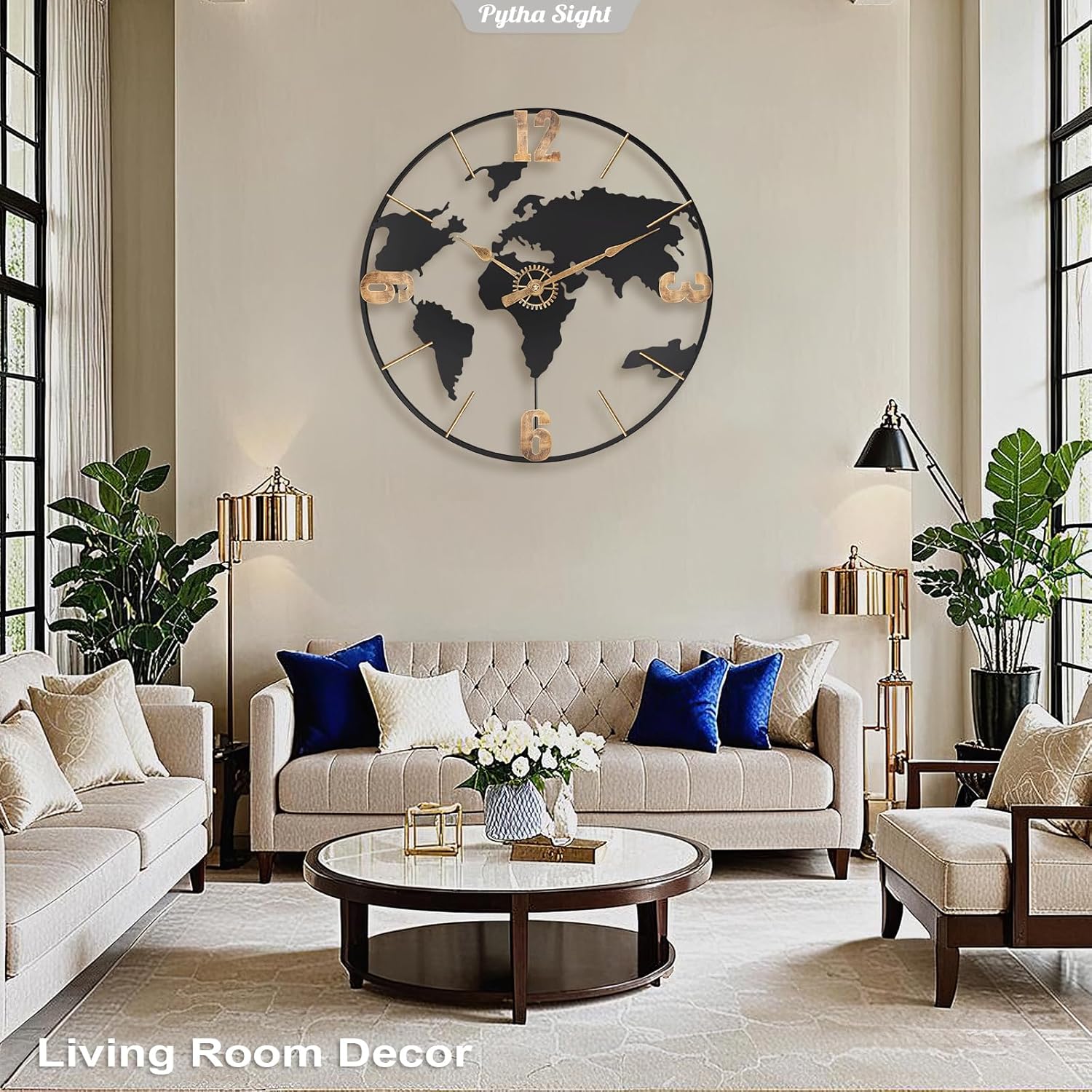 Pytha Sight 24 Inch Large Wall Clock,Modern Decorative Big World Map with Vintag... - Image 7