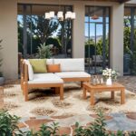 Devoko 4 Pieces Outdoor Sectional Couch Patio Sectional Sofa with Acacia Wood Co... - Image 7