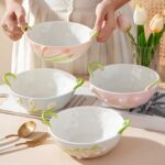 Handmade Ceramic Floral Fruit Bowl with Handles, 3D Hand-Painted Rose Flower Des... - Image 5