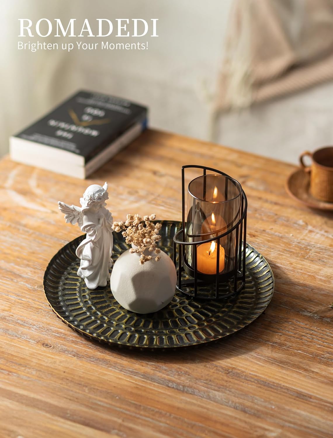 Romadedi Round Decorative Candle Tray - 11.8 Inch Vintage Hammered Metal Trays w... - Image 3