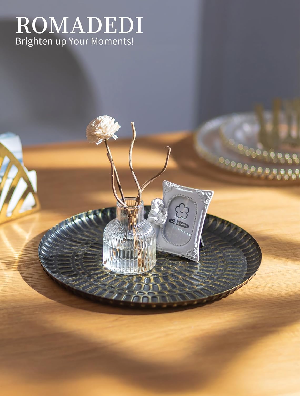 Romadedi Round Decorative Candle Tray - 11.8 Inch Vintage Hammered Metal Trays w... - Image 4