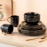LOVECASA 16 Pieces Plates and Bowls Sets, Porcelain Black and Gold Dinnerware Se... - Image 6