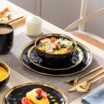 LOVECASA 16 Pieces Plates and Bowls Sets, Porcelain Black and Gold Dinnerware Se... - Image 7