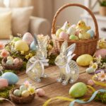 Set of 2 Easter Bunny Figurines, Spring Resin Gold Silver Rabbit Samll Statue Ta... - Image 6