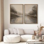 SIGNWIN Framed Canvas Print Wall Art Set Calm Misty Riverside Forest Landscape I... - Image 3