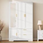 Armoire Wardrobe Closet with Mirror - 71“ Wood Clothing Storage Cabinet, Wardrob... - Image 4