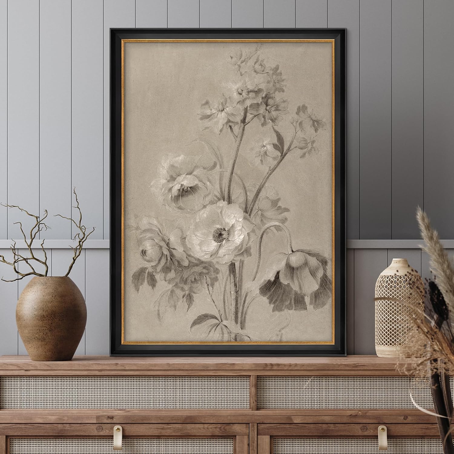 MUDECOR Premium Framed Canvas Print Wall Art Vintage Floral Sketch Bouquet Illus... - Image 3