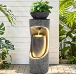 40" Tall Outdoor Water Fountain, Dual-Layer Column Garden Fountain with Bird Fee... - Image 5