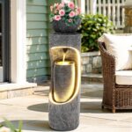 40" Tall Outdoor Water Fountain, Dual-Layer Column Garden Fountain with Bird Fee... - Image 6