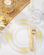 Nervure 175PCS Clear Gold Plastic Plates - Gold Disposable Dinnerware Set for 25... - Image 5