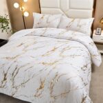 WONGS BEDDING White Gold Metallic Marble Comforter Set Queen Foil Print Glitter ... - Image 5