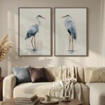 Large Framed Vintage Bird Wall Art, 2 Piece Neutral Blue Heron Canvas Painting P... - Image 3