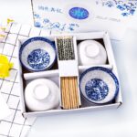 Blue and White Porcelain Rice Bowls Set of 4 with Bamboo Chopsticks, 12 oz Hand-... - Image 3