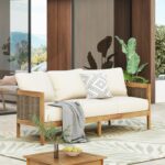 Merax 76.5" Outdoor Acacia Wood Wicker 3 Seater Sofa, Patio Furniture Couch for ... - Image 4