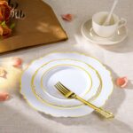 realluck 100PCS White and Gold Plastic Plates, Elegant Baroque Gold Rim Disposab... - Image 5
