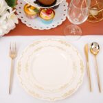 U-QE 100 PCS Ivory Plastic Plates with Gold Rim - Gold Plastic Plates for Party ... - Image 5