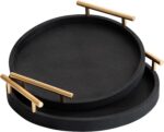 2 Piece Black Round Serving Tray with Handles, Woven-Texture Faux Leather Ottoma... - Image 2