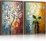 2 Piece Framed Canvas Art Prints Morning Glory Modern Abstract White Flowers Oil... - Image 2
