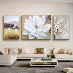 3-Panel Hand-Painted Boho Floral Wall Art for Living Room,Large 3D Textured Whit... - Image 2