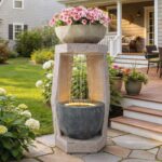 32" Outdoor Fountain, Modern Geometric Two Bowls Water Feature with LED Lights, ... - Image 2