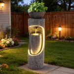 40" Tall Outdoor Water Fountain, Dual-Layer Column Garden Fountain with Bird Fee... - Image 2
