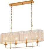 42” Boho Chandelier Brass and White Hand Woven Rattan Pendant Light Linear Large... - Image 2