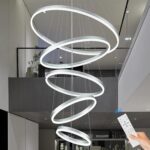 5-Rings D31.5’’ Modern LED Chandelier Silver Dimmable High Ceiling Chandeliers F... - Image 2
