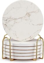 6 Pack White Marble Coaster Set with Holder Absorbent Drink Coasters Ceramic Cut... - Image 2