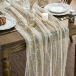 Artoid Mode Beige Gold Gauze Table Runner 120 Inch 10FT, Glitter Metallic Foil S... - Image 2