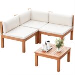 Devoko 4 Pieces Outdoor Sectional Couch Patio Sectional Sofa with Acacia Wood Co... - Image 2