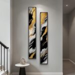 Framed Long Narrow Vertical Abstract Wall Art Set, 2 Piece Black White Gold Luxu... - Image 2