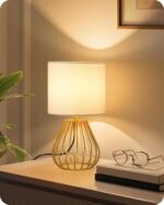 Gold Table Lamp, Small Gold Bedside Lamp with Metal Base & White Linen Lampshade... - Image 2